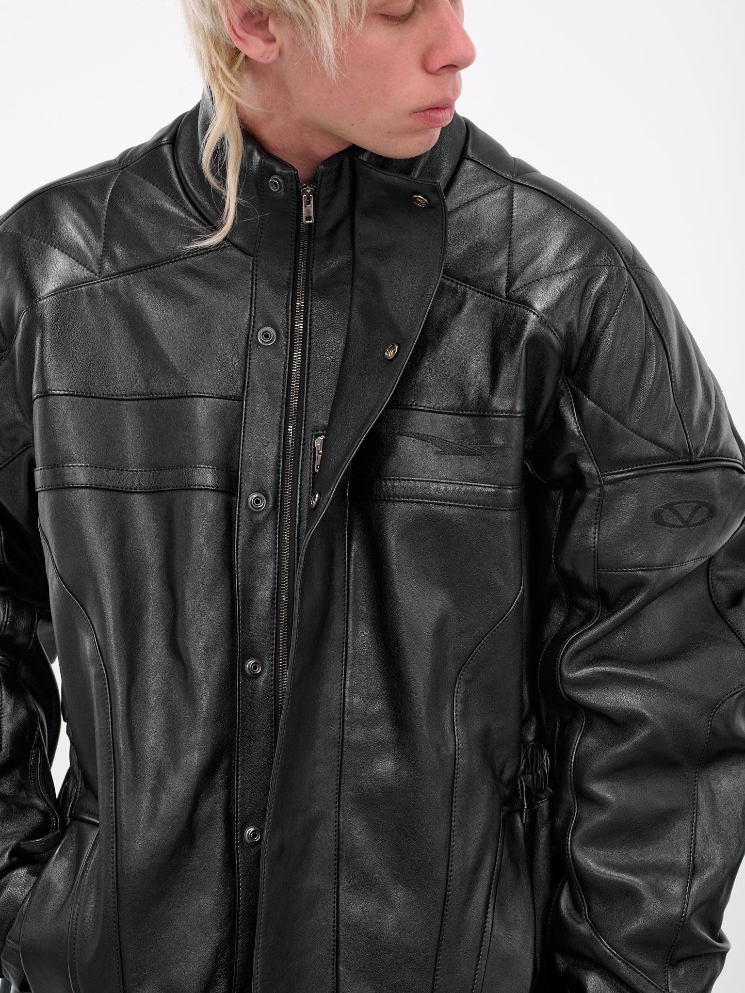 Black Leather Long Moto Coat - 5