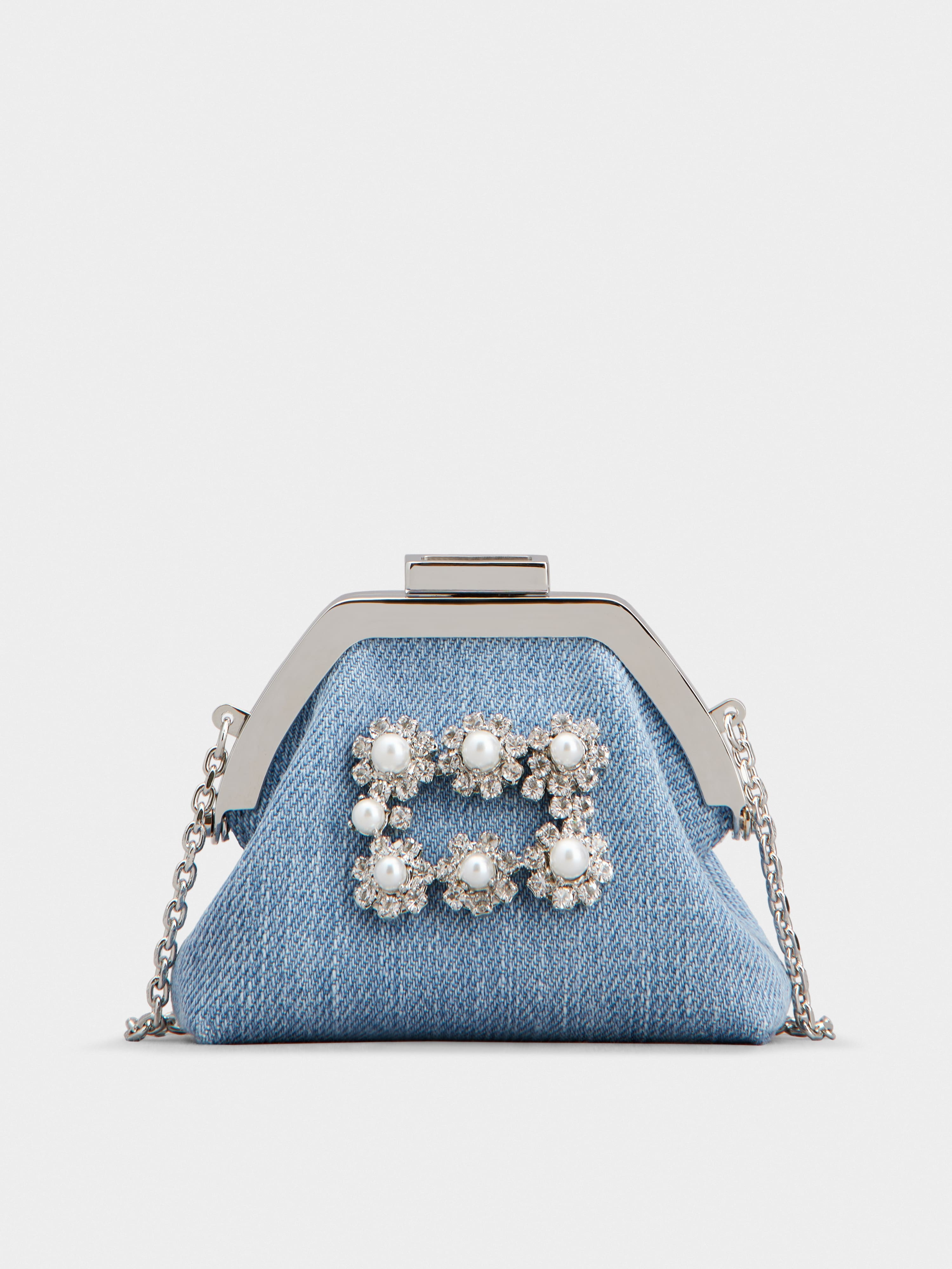 Flower Strass Pearl Buckle Coin Purse in Denim - 1