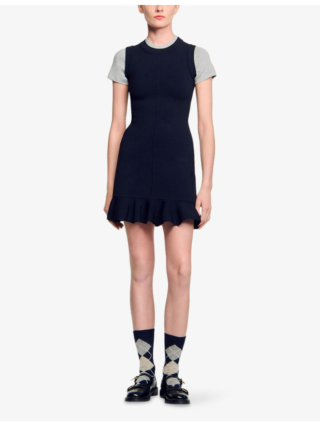 Round-Neck Short-Sleeve Stretch-Knit Mini Dress - 2