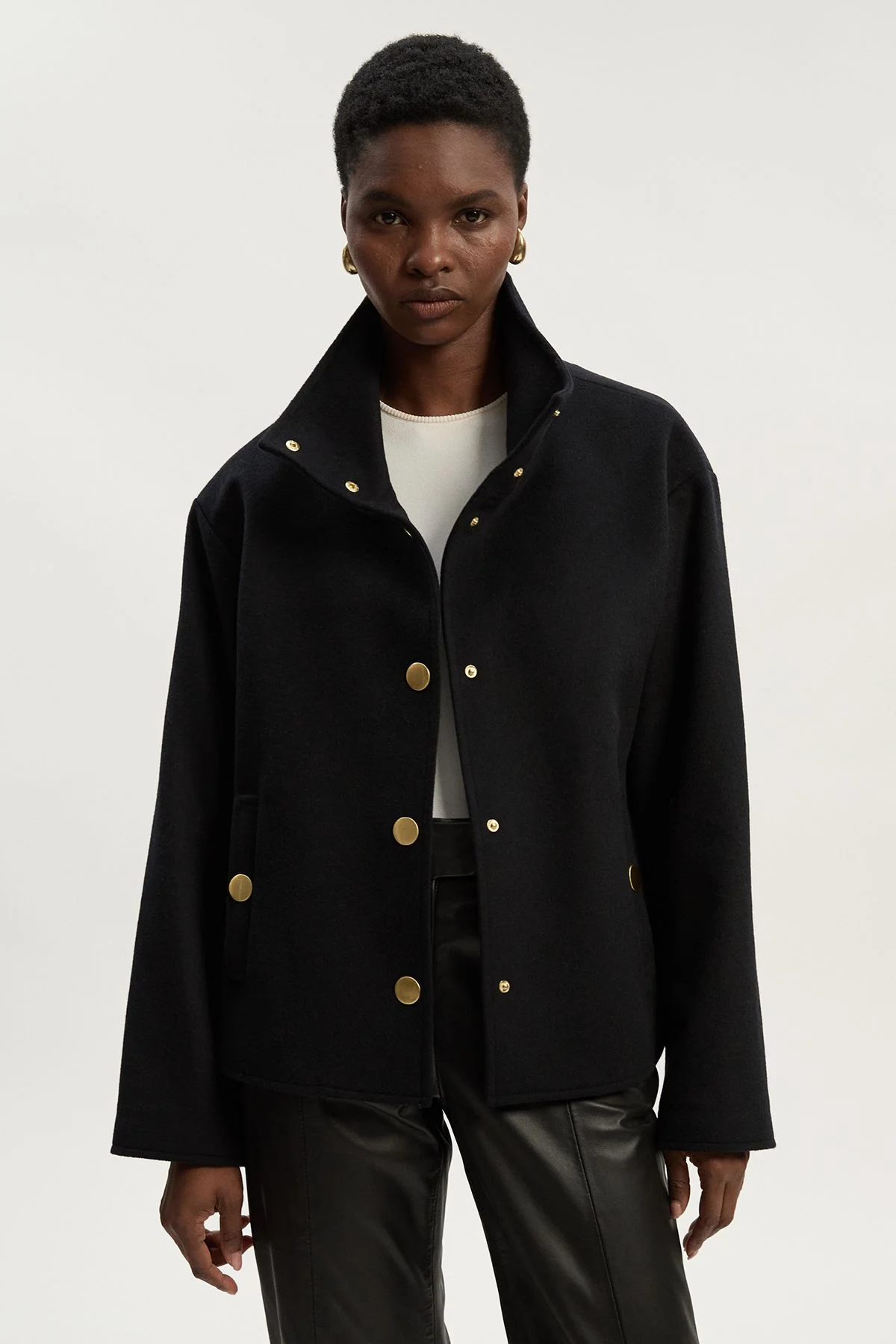 Brushed Wool Funnel Neck Tailored Short Coat - 1
