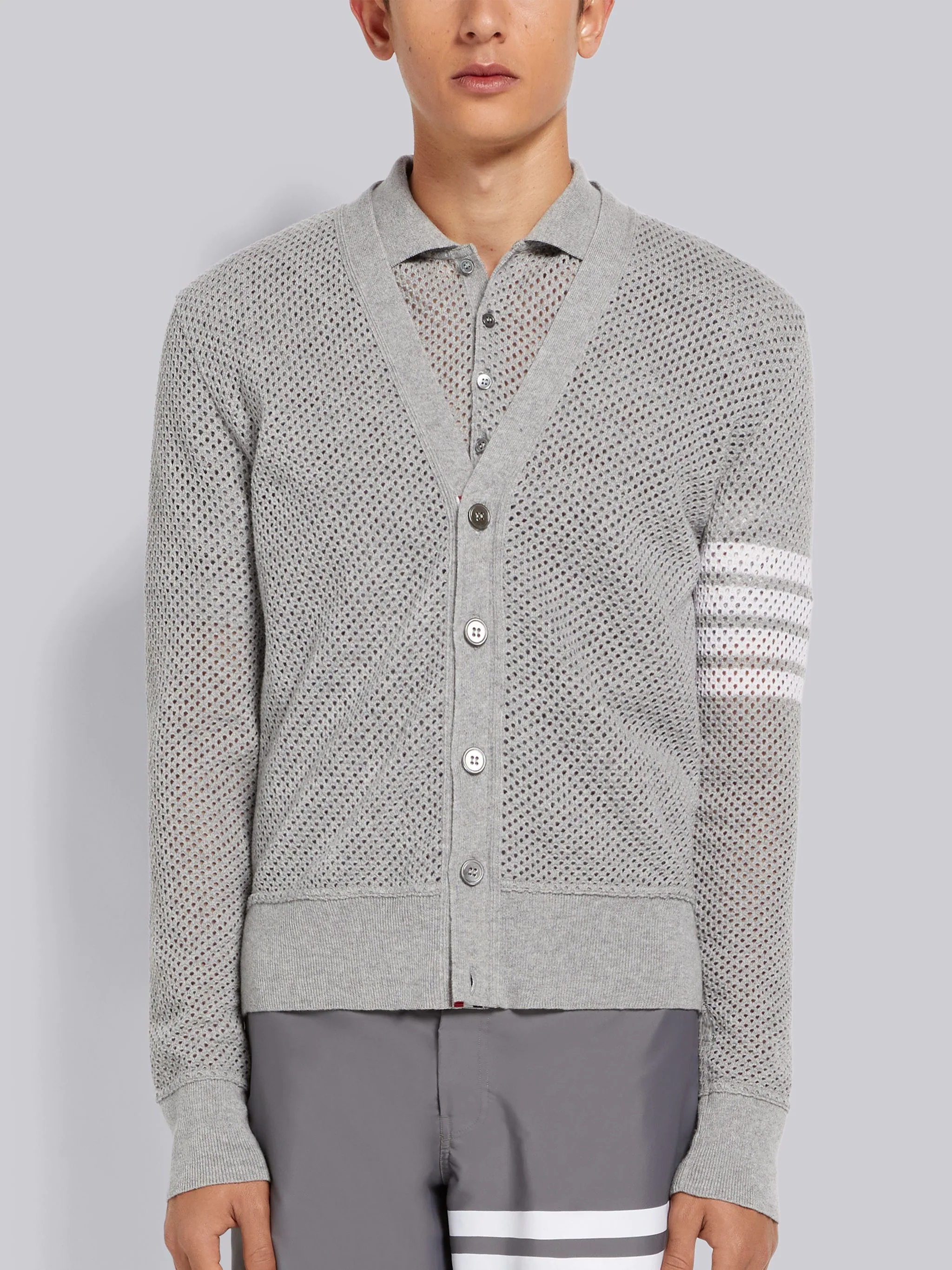 Light Grey Cashmere Mesh 4-Bar V-Neck Cardigan - 1