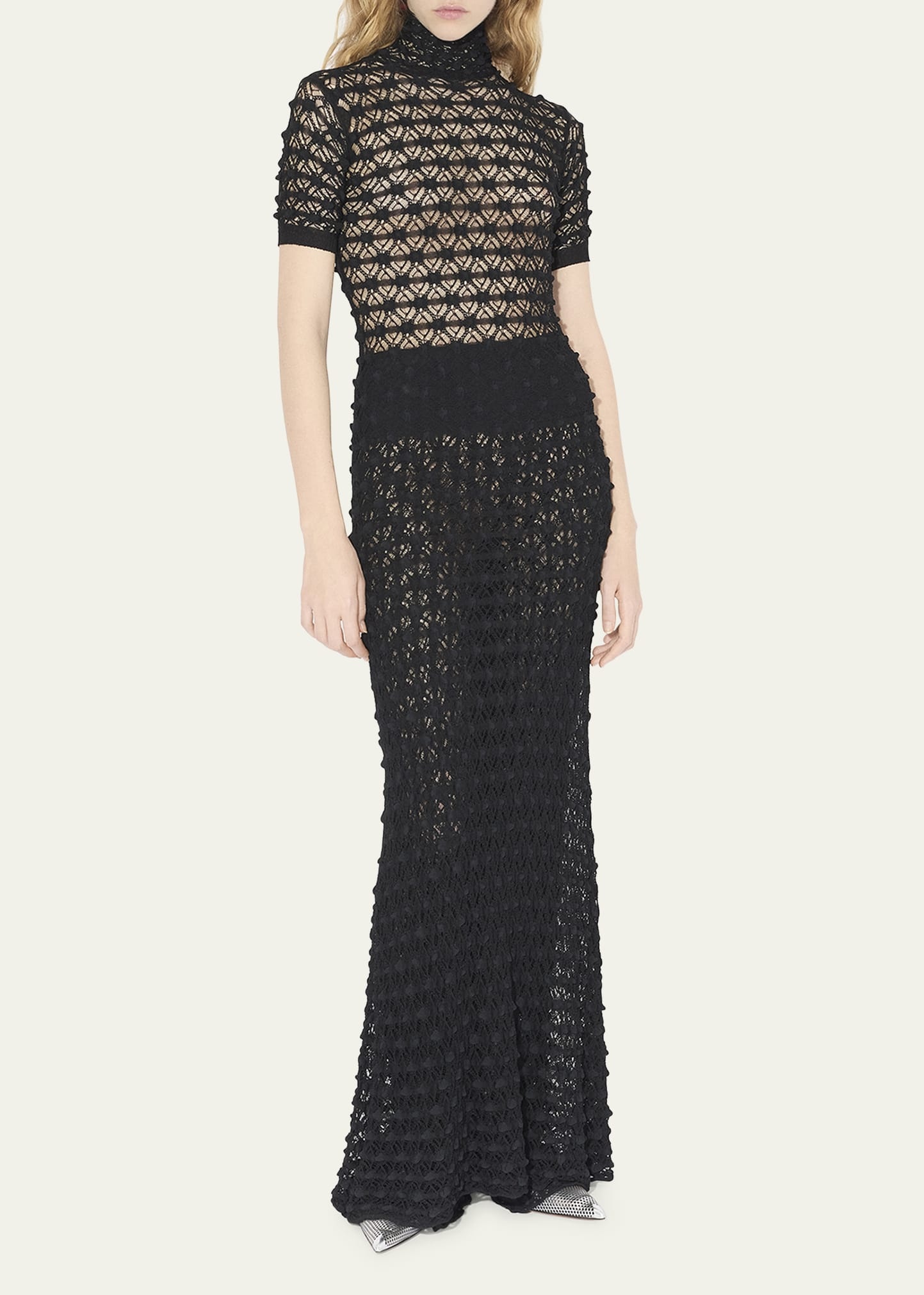 Mock-Neck Short-Sleeve Sheer Lace Gown - 2