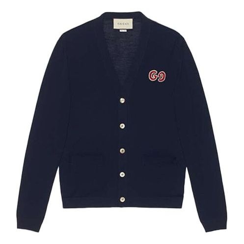 GUCCI Gucci GG Embroidered Wool Cardigan Knitted Top Navy 576815