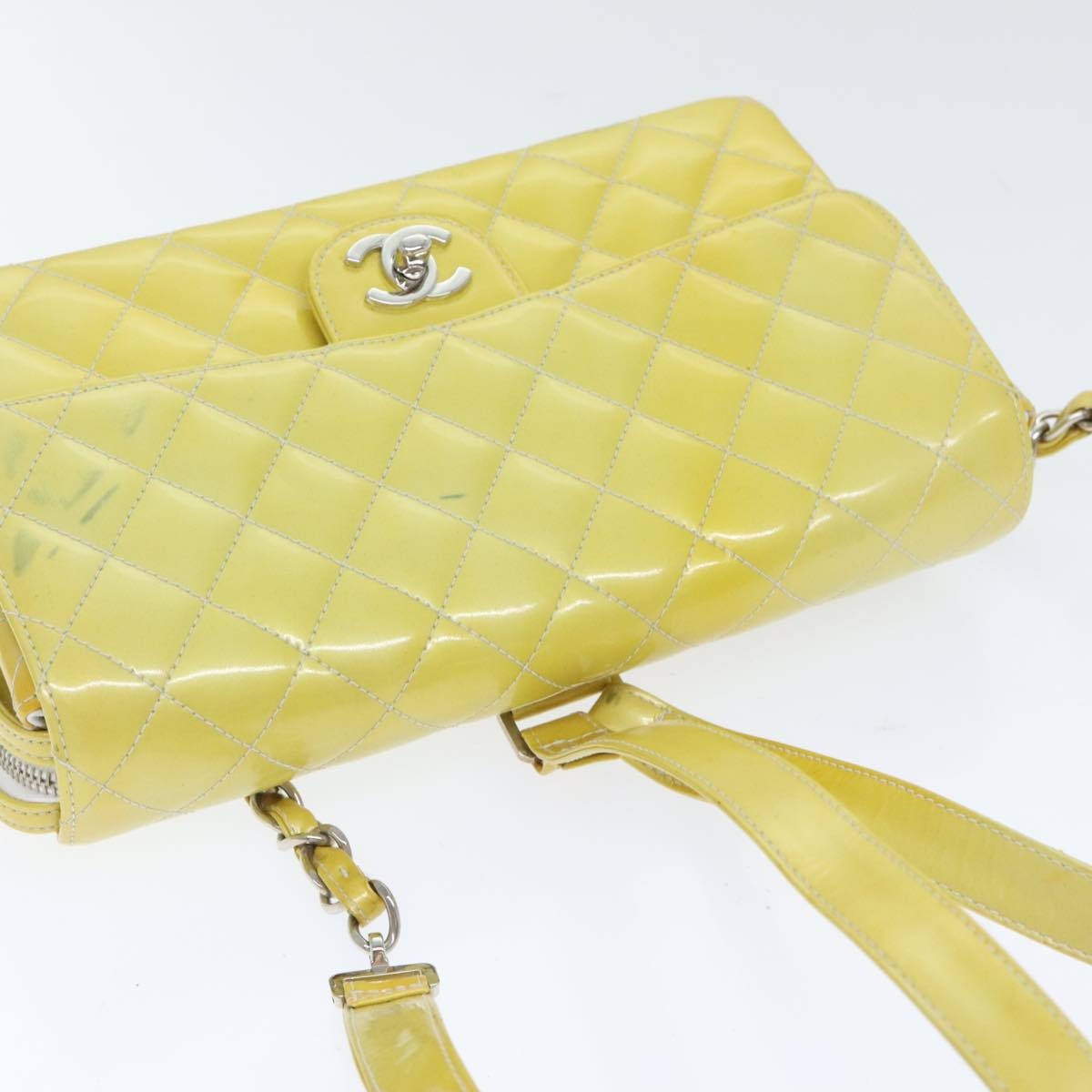 CHANEL Matelasse Backpack Patent Leather Yellow Silver CC - 6