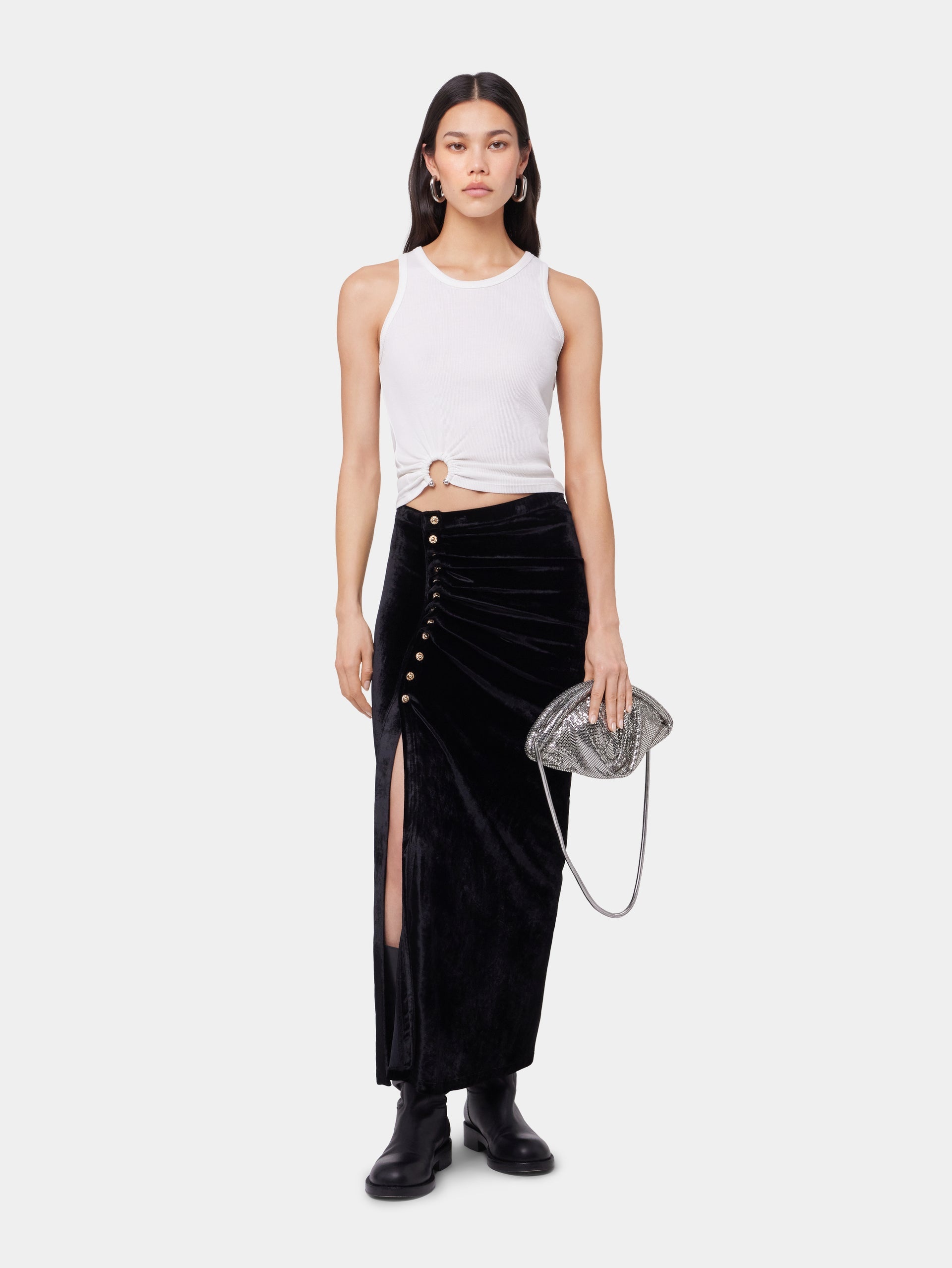 BLACK LONG DRAPED SKIRT IN VELVET - 2