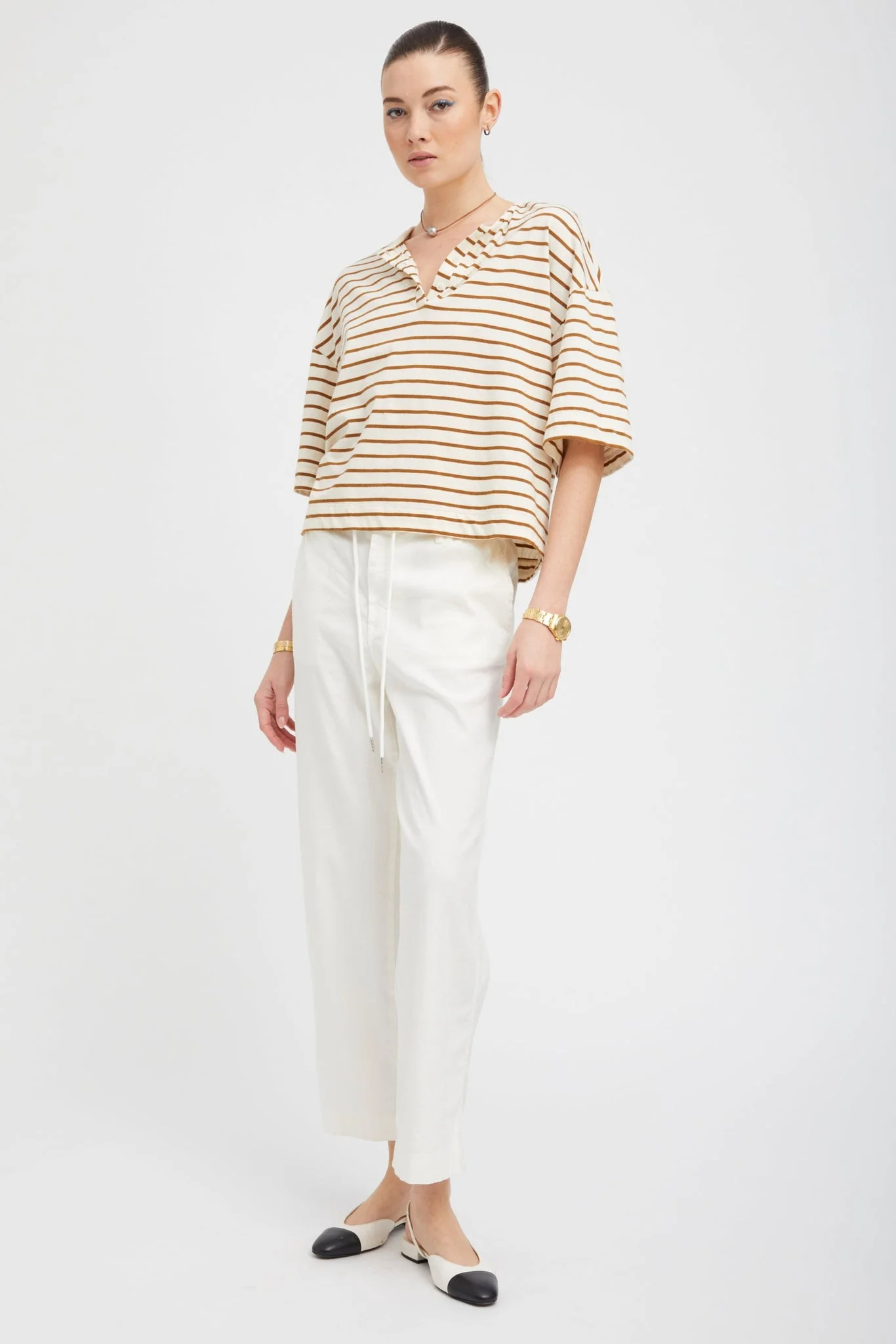 WHITE LINEN DRAWSTRING TROUSERS - 1