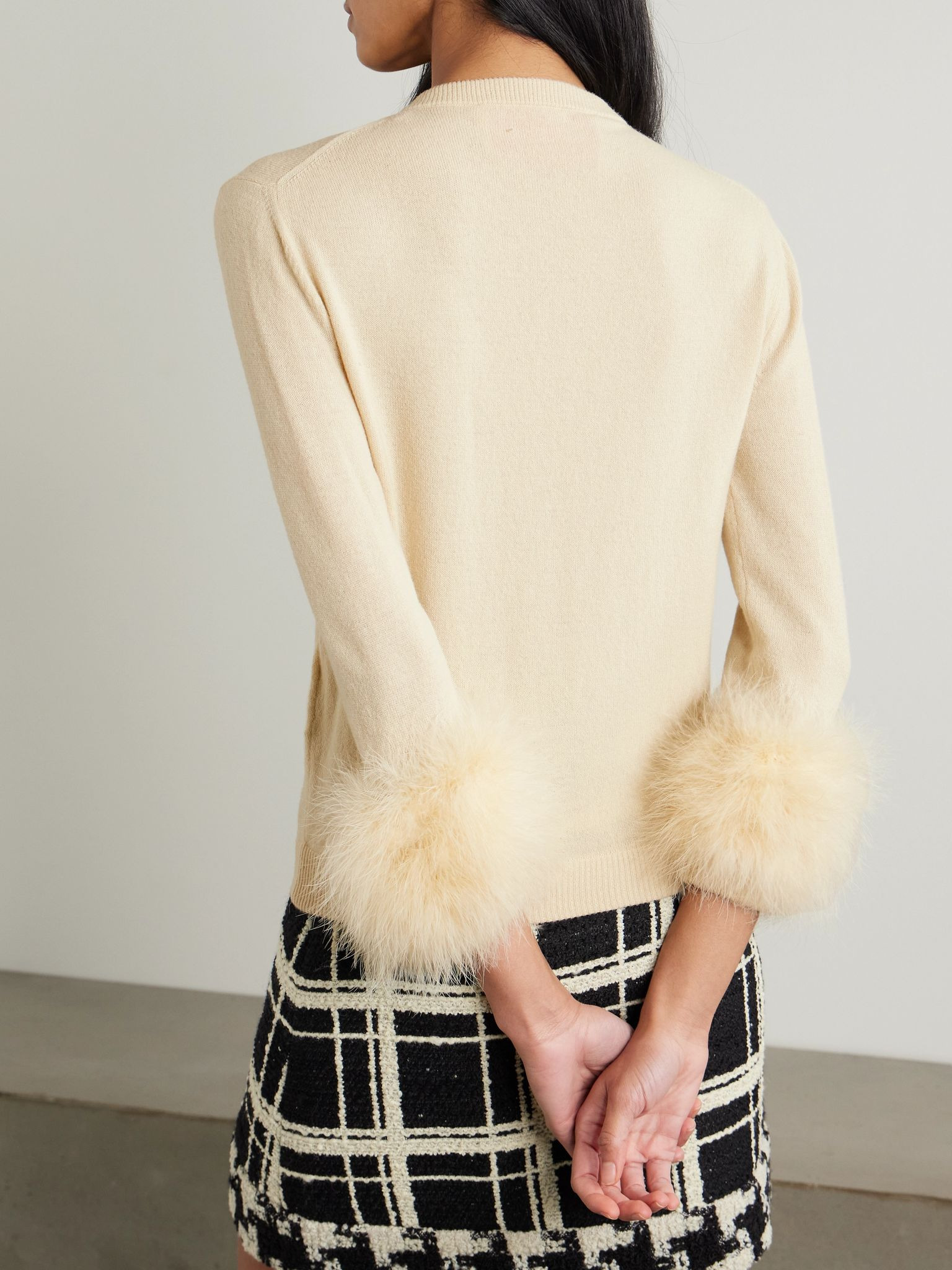 Feather-trimmed wool cardigan Beige - 3