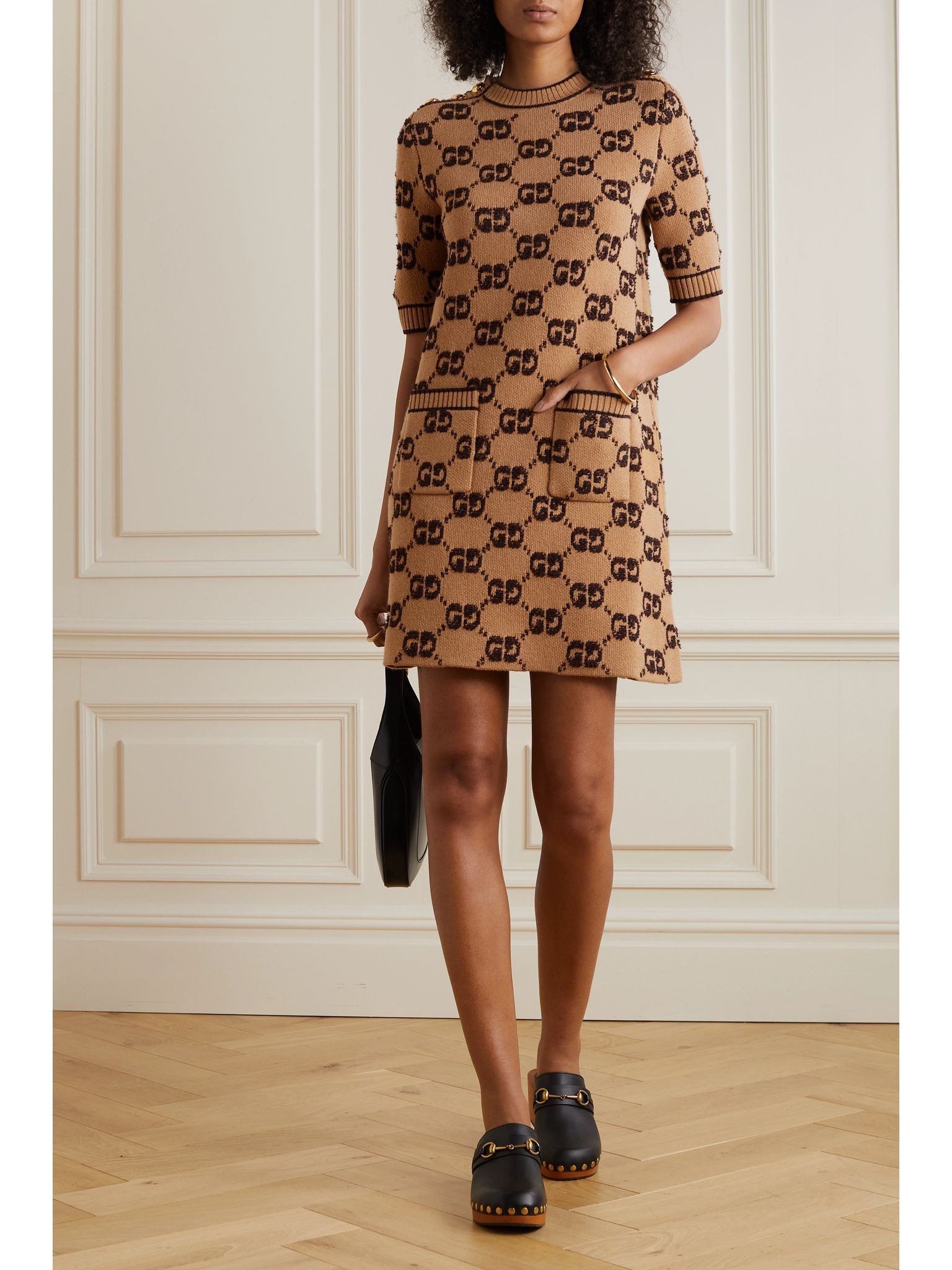 Embellished jacquard-knit wool dress Camel - 2