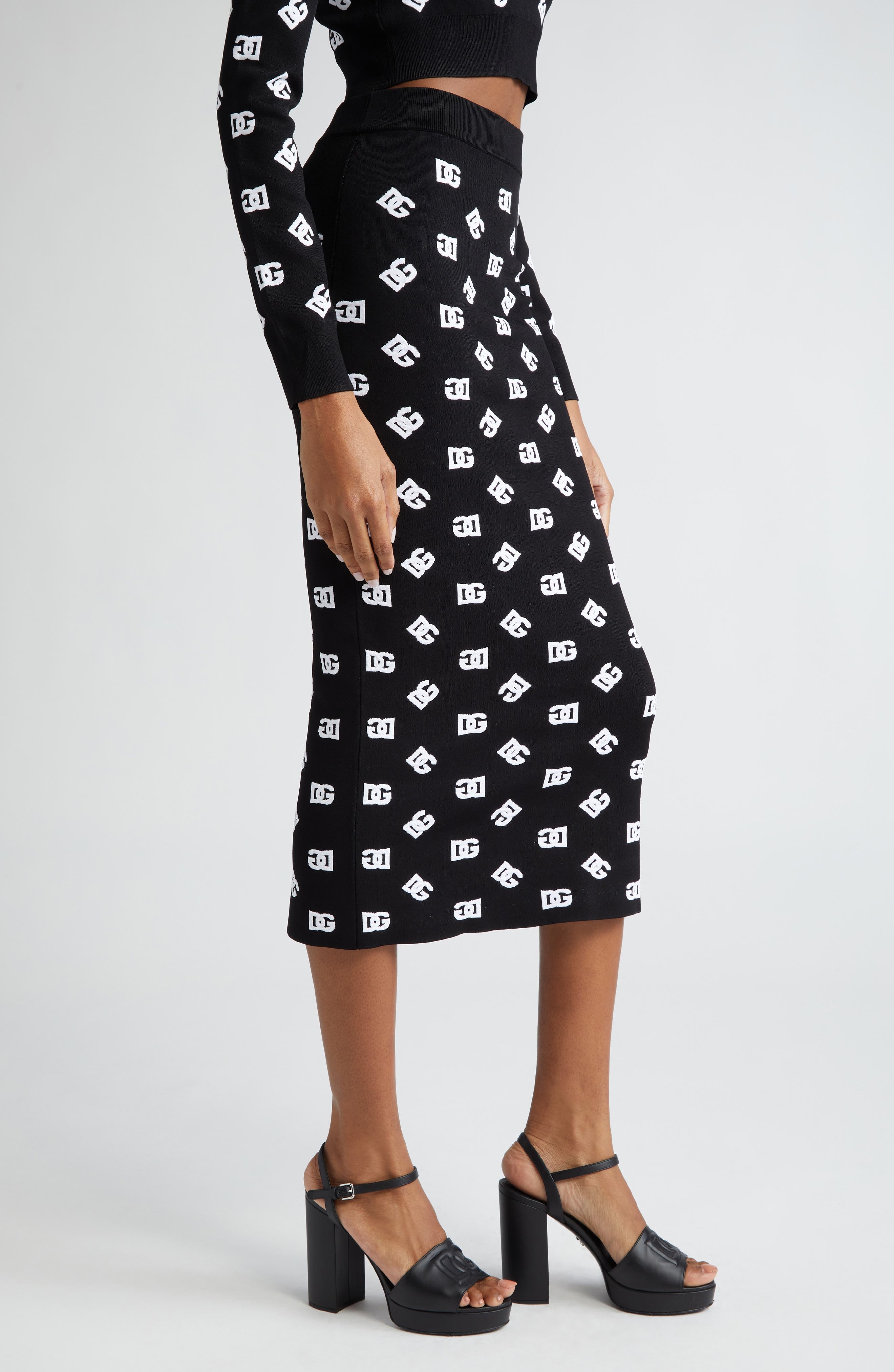 Dolce&Gabbana Monogram Jacquard Midi Sweater Skirt in Nero/Bianco at Nordstrom - 4