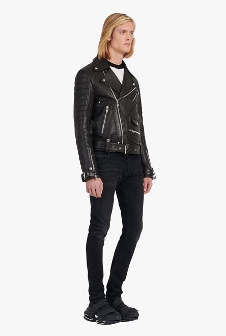 Black quilted leather biker jacket - 7