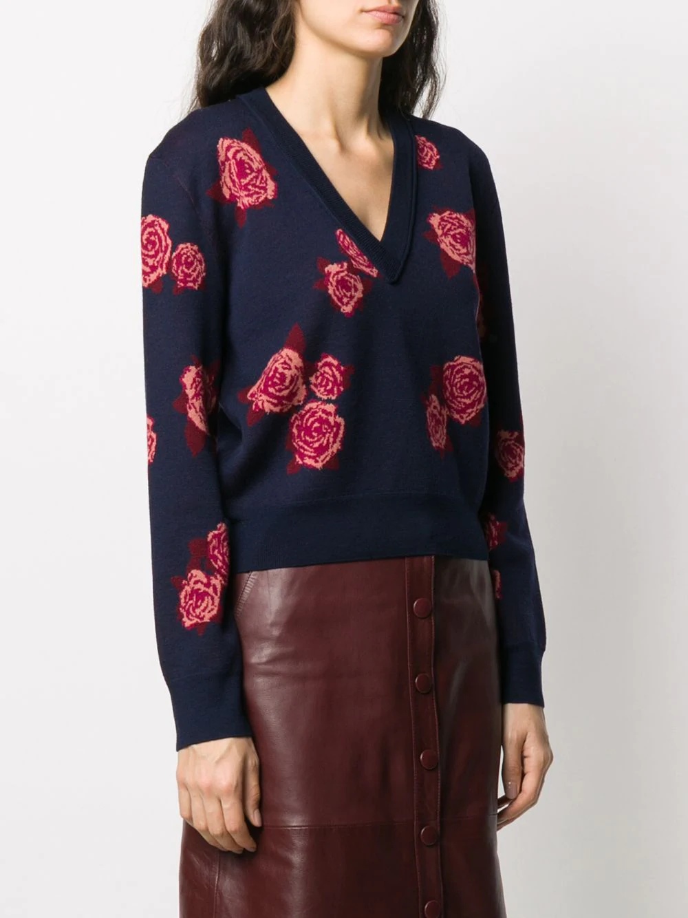 rose-jacquard v-neck sweater - 3