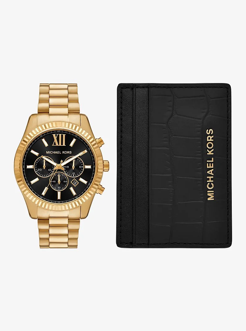 Oversized Lexington Gold-Tone Watch and Crocodile Embossed Leather Card Case Gift Set - 1