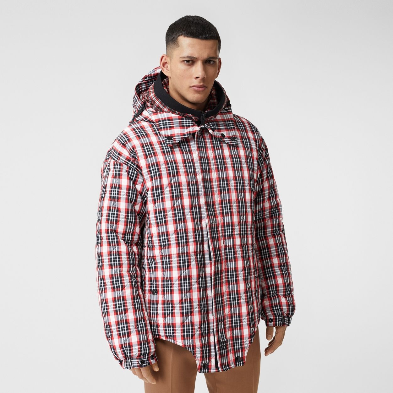 Cut-out Hem Diamond Quilted Check Nylon Parka - 7