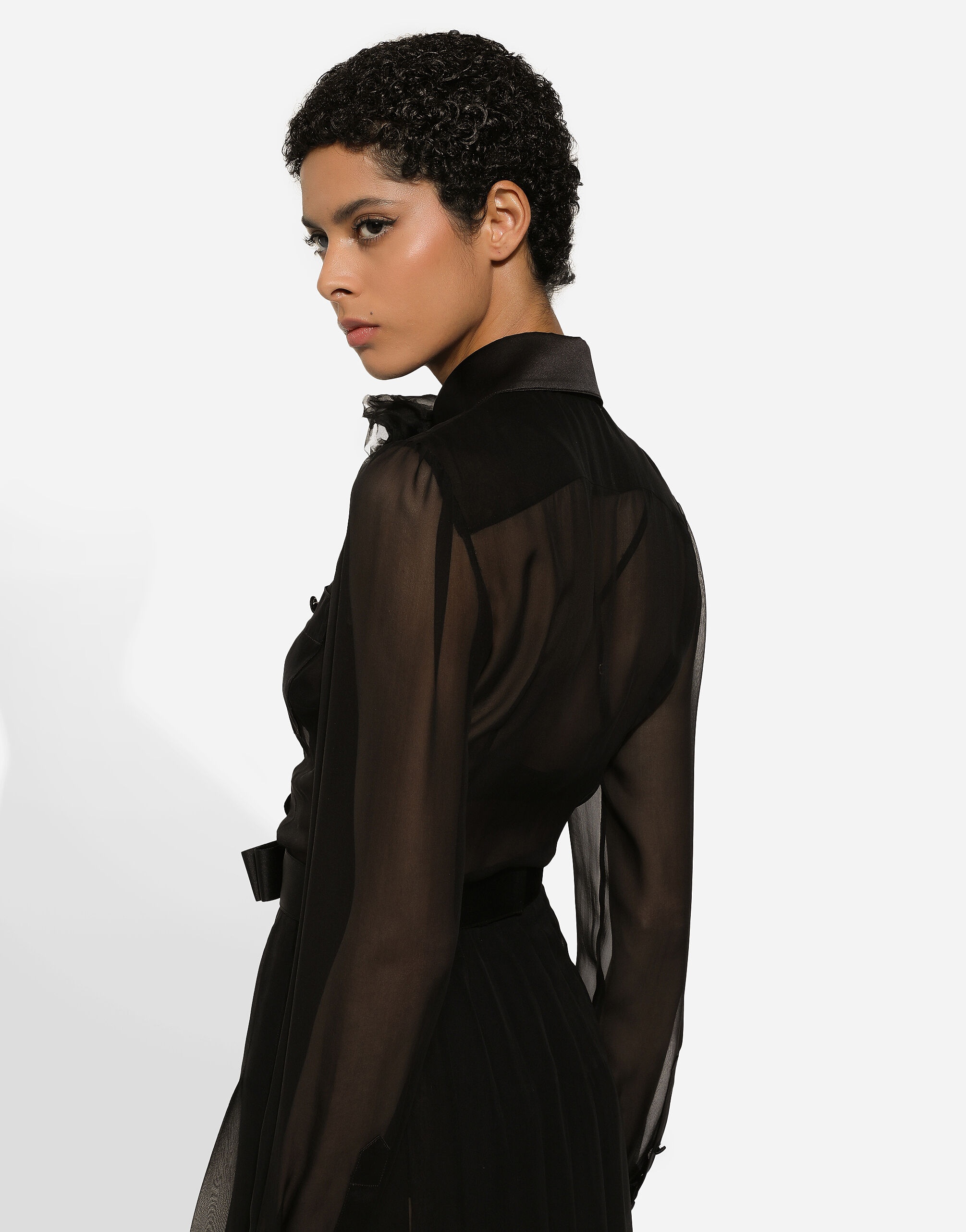 Chiffon calf-length shirt dress with satin details - 6