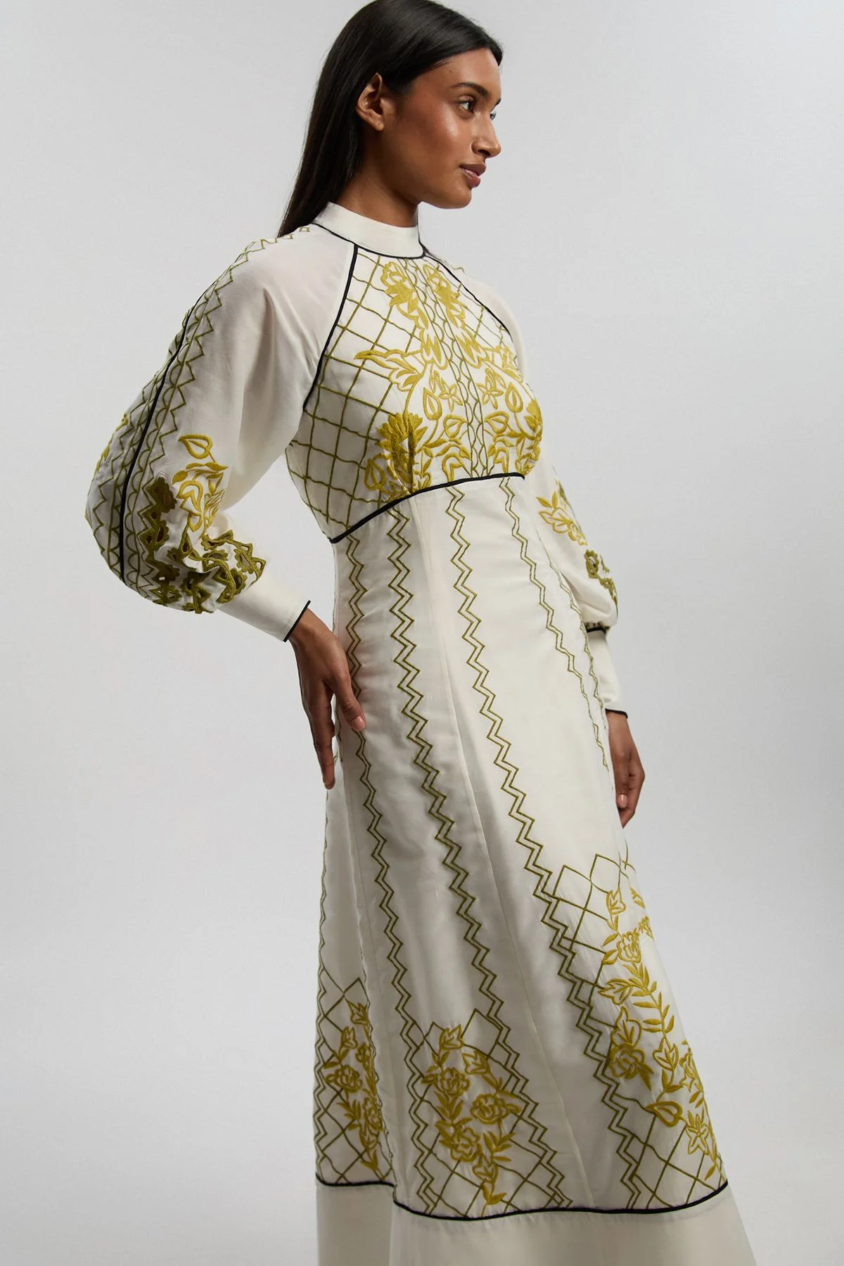Petite Voile Embroidered Cutwork Balloon Sleeve Woven Maxi Dress - 1