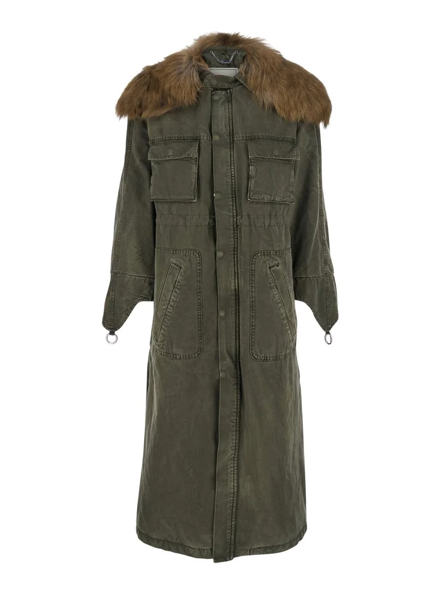 Blumarine Green Long Coat With Removable Fur Detail In Cotton Woman - 1