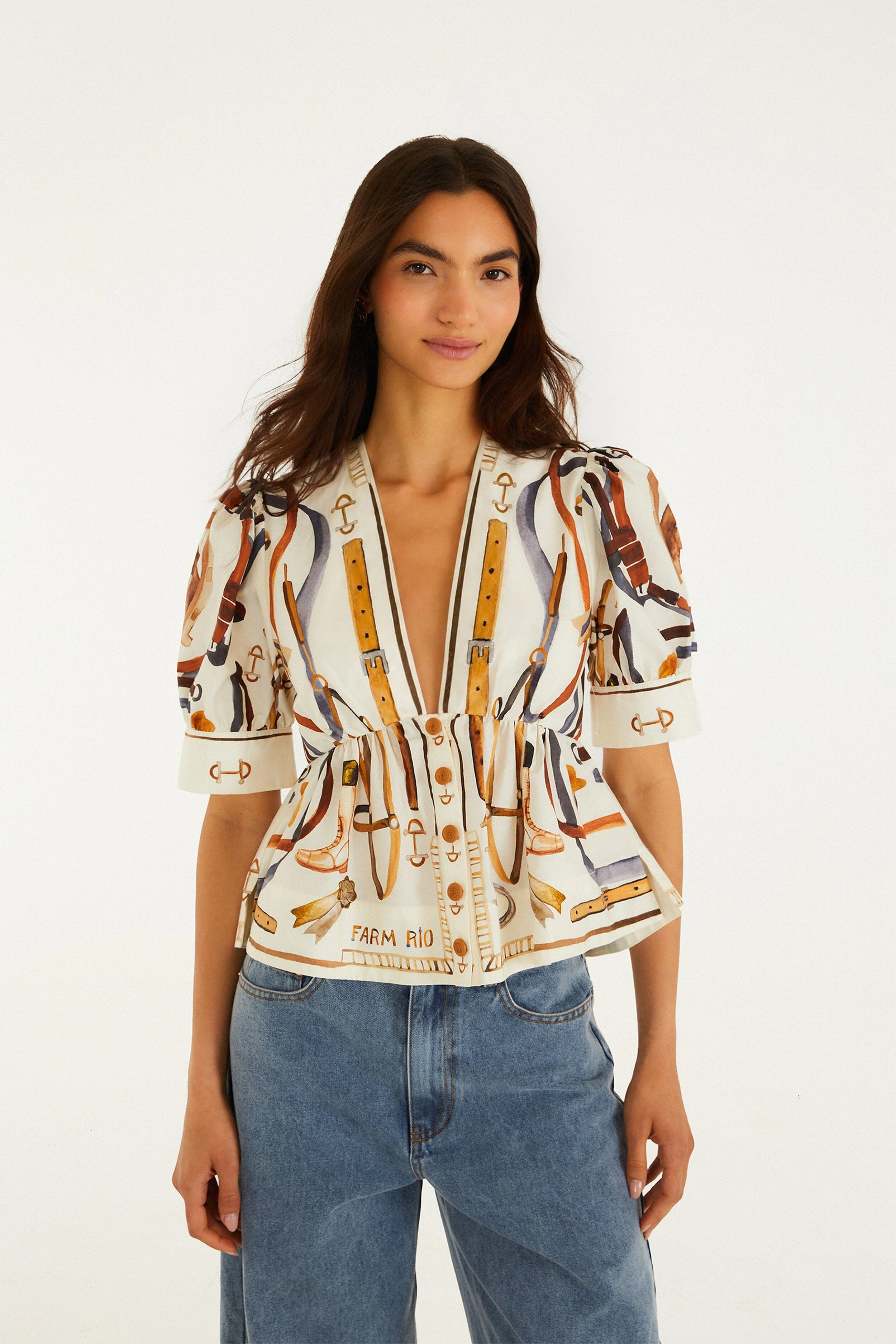 Off-White Equestrian Scarf Short Puff Sleeve Blouse - 1