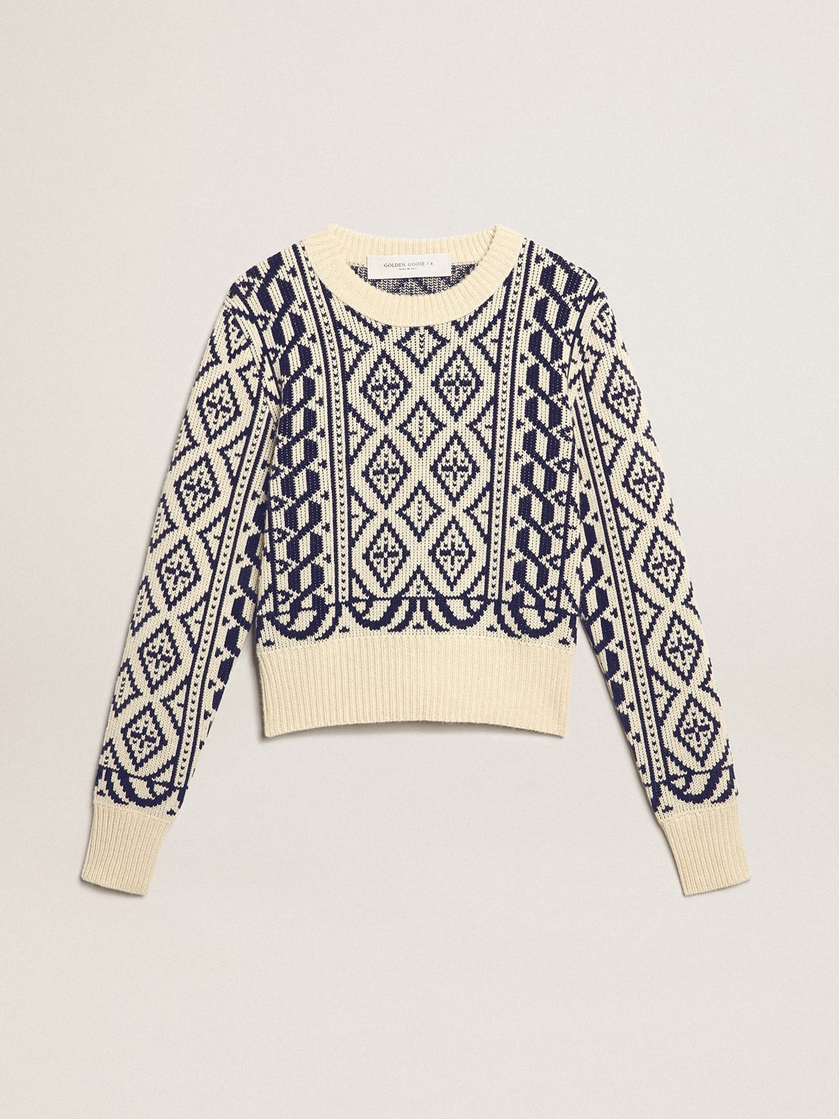 Cropped round-neck sweater with parchment and blue geometric pattern - 1