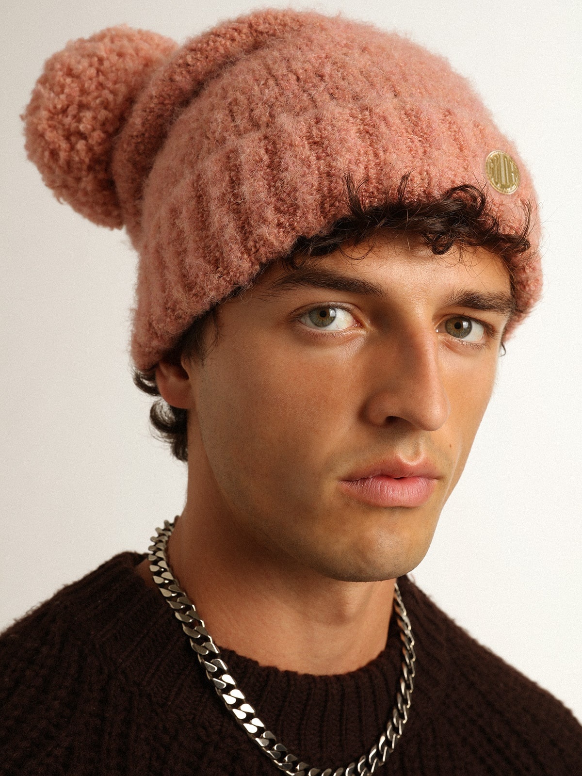 Pale pink wool beanie with pompom - 4