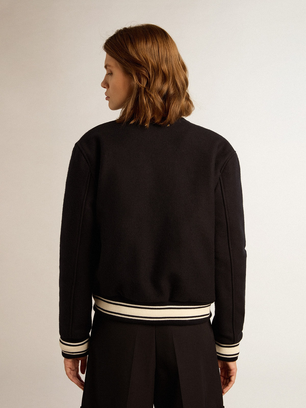 Women's bomber jacket in dark blue wool with white details - 4
