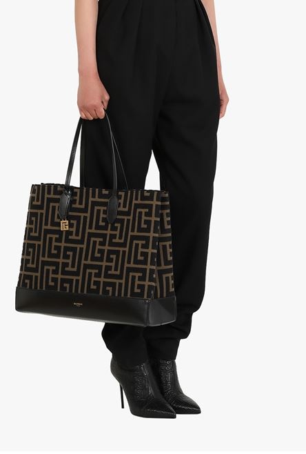 Large-sized bicolor khaki and black jacquard Folded Shopping Bag - 9