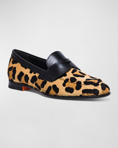 Santoni Facile Leather Leopard Penny Loafers outlook