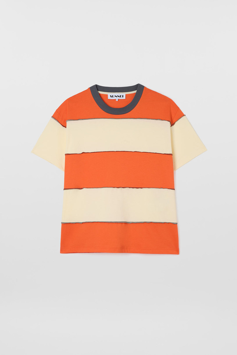 STRIPED T-SHIRT W/ CUTS / off white & orange 1