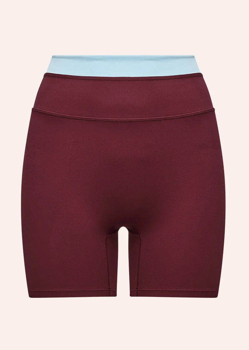 LUMINA 5" BIKE SHORT IN BURGUNDY & SKY BLUE - 1