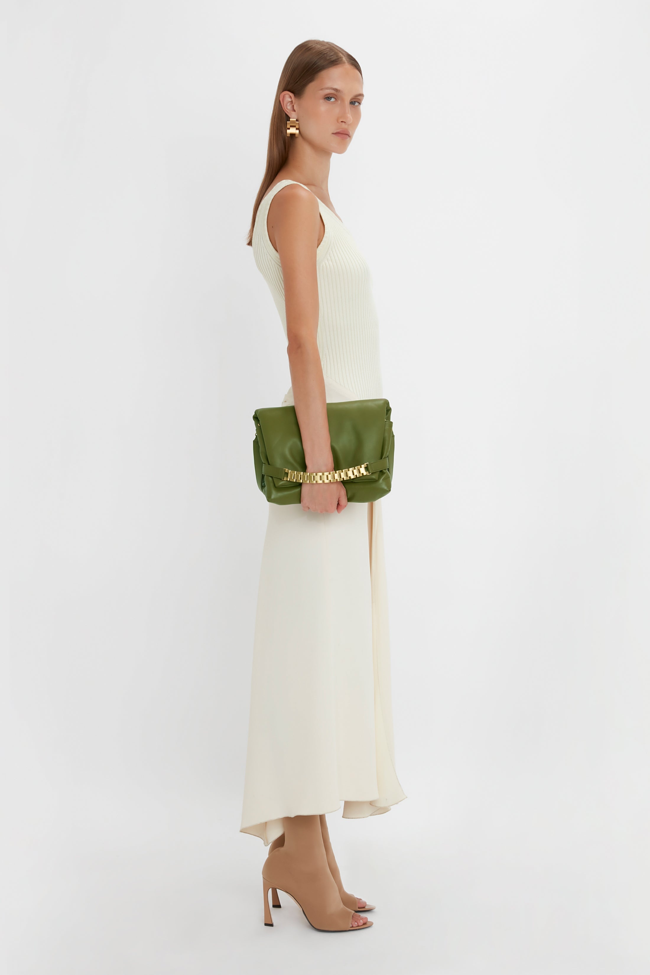 Puffy Chain Pouch With Strap In Khaki Leather - 9