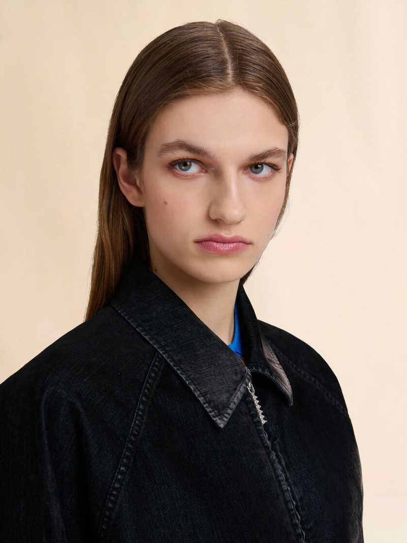 BLACK FLOCKED DENIM BOMBER JACKET 4