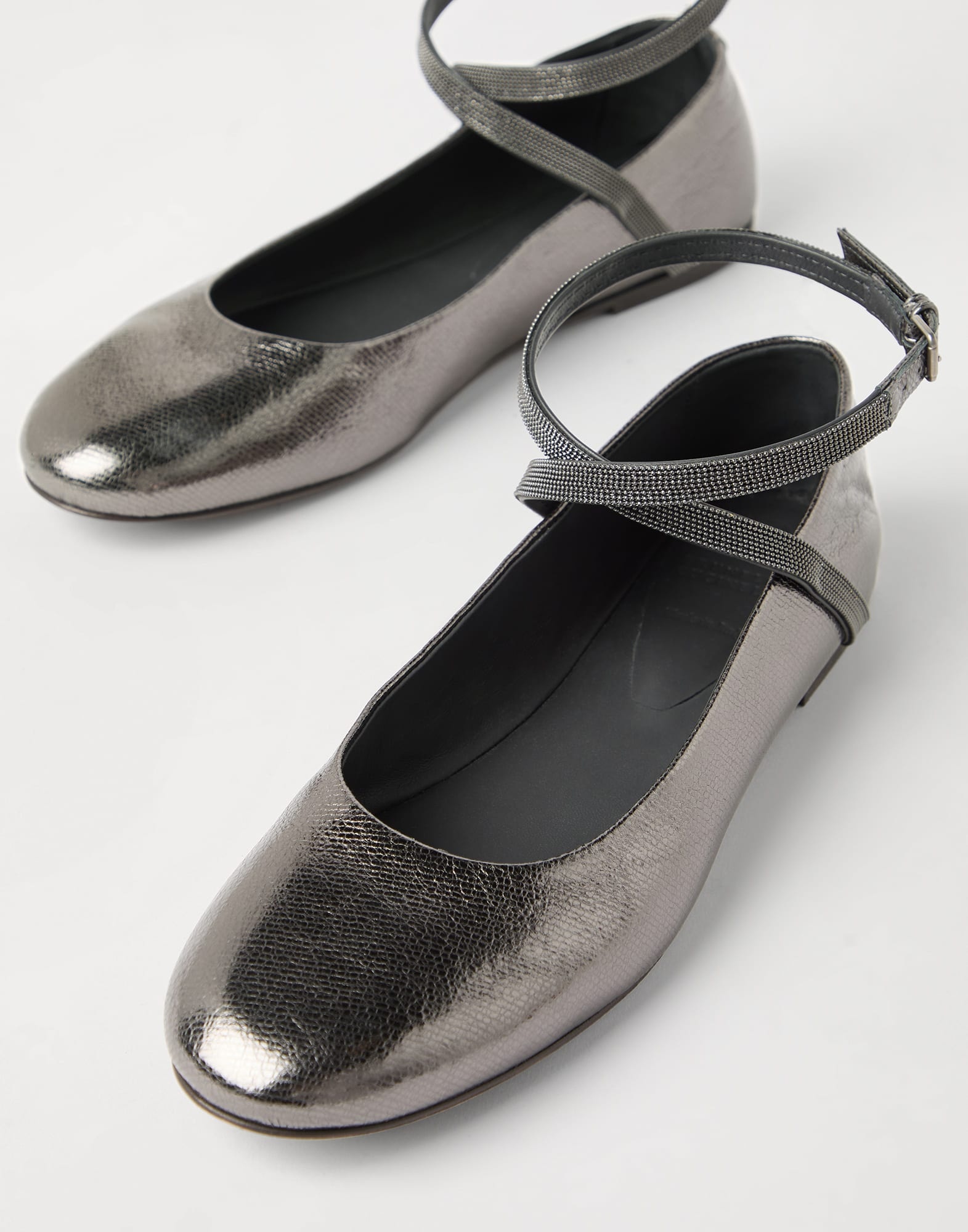 Lamé grained calfskin flats with precious strap - 3