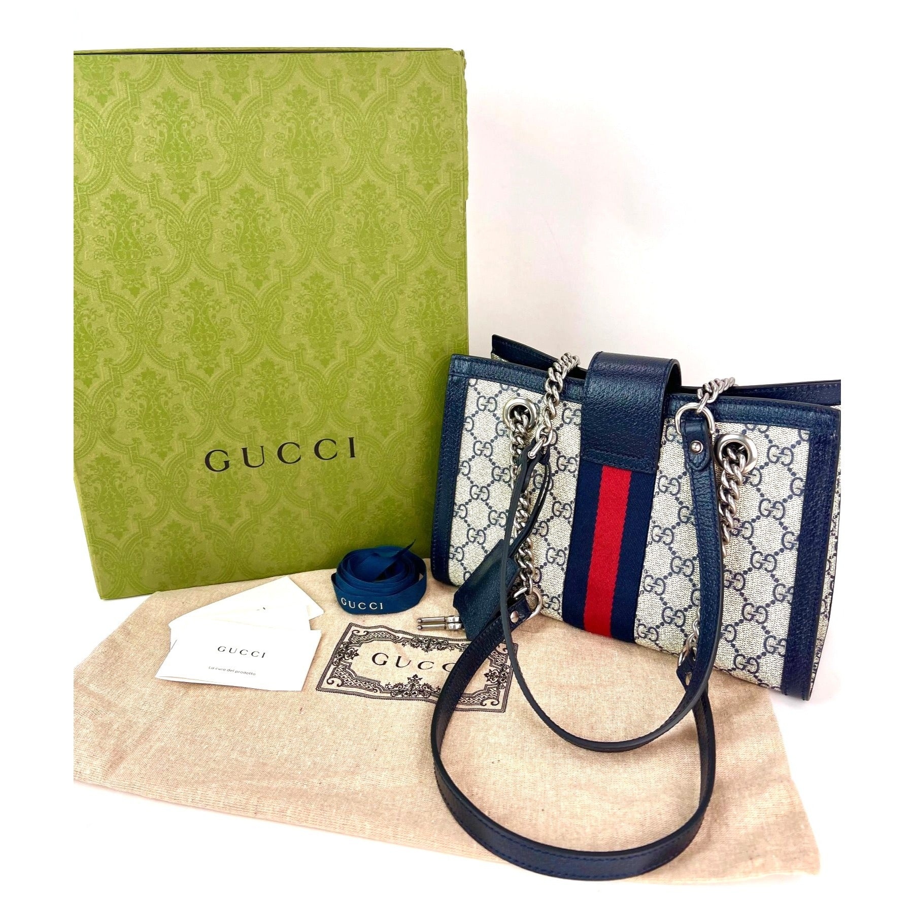 Gucci GG Supreme Dollar Calfskin Web Small Padlock Navy Tote - 3