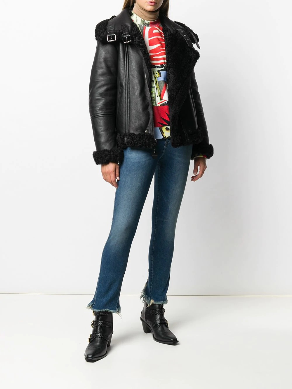 panelled biker shearling jacket - 6