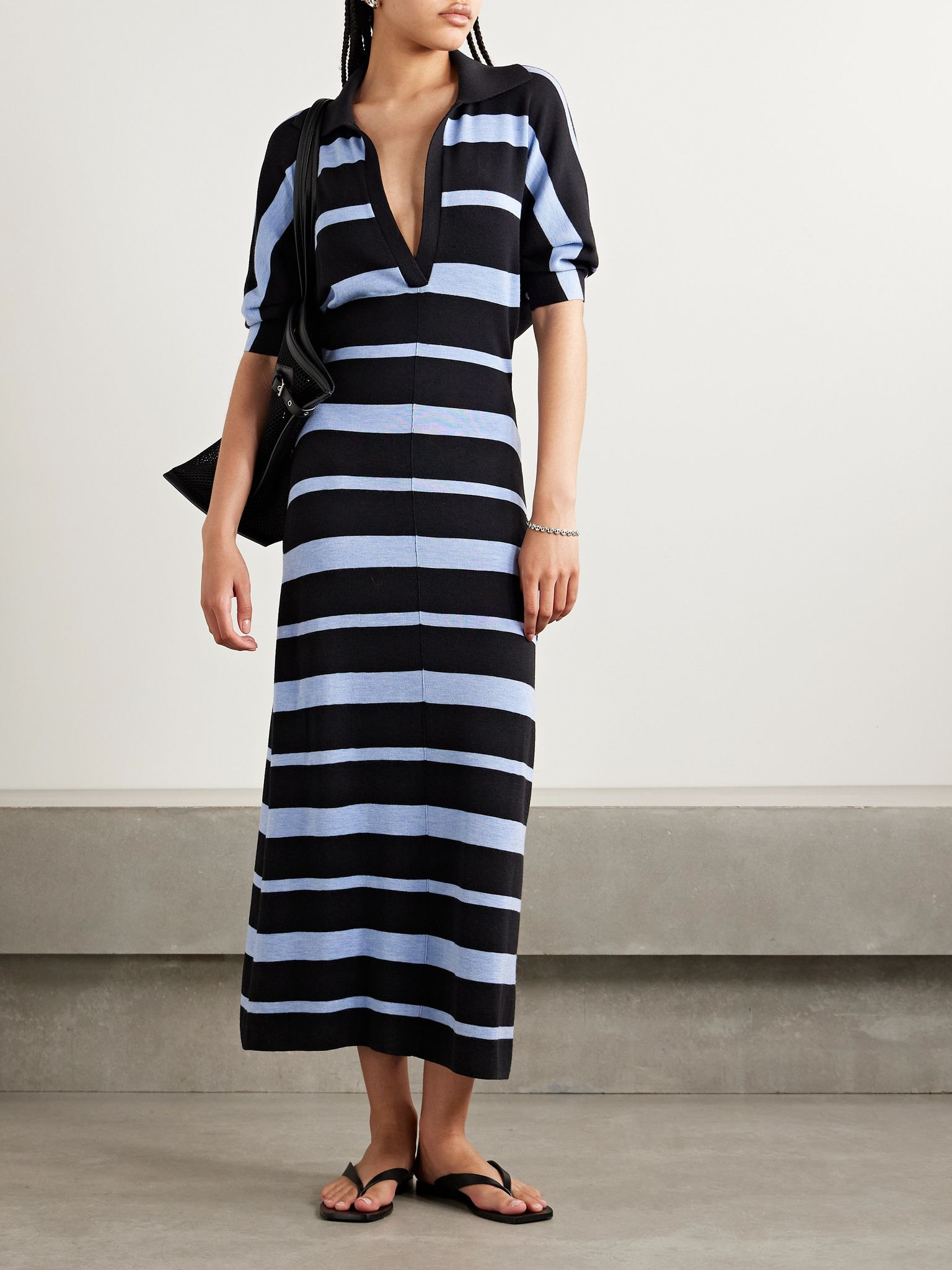 Solana striped wool and silk-blend midi dress Black - 2