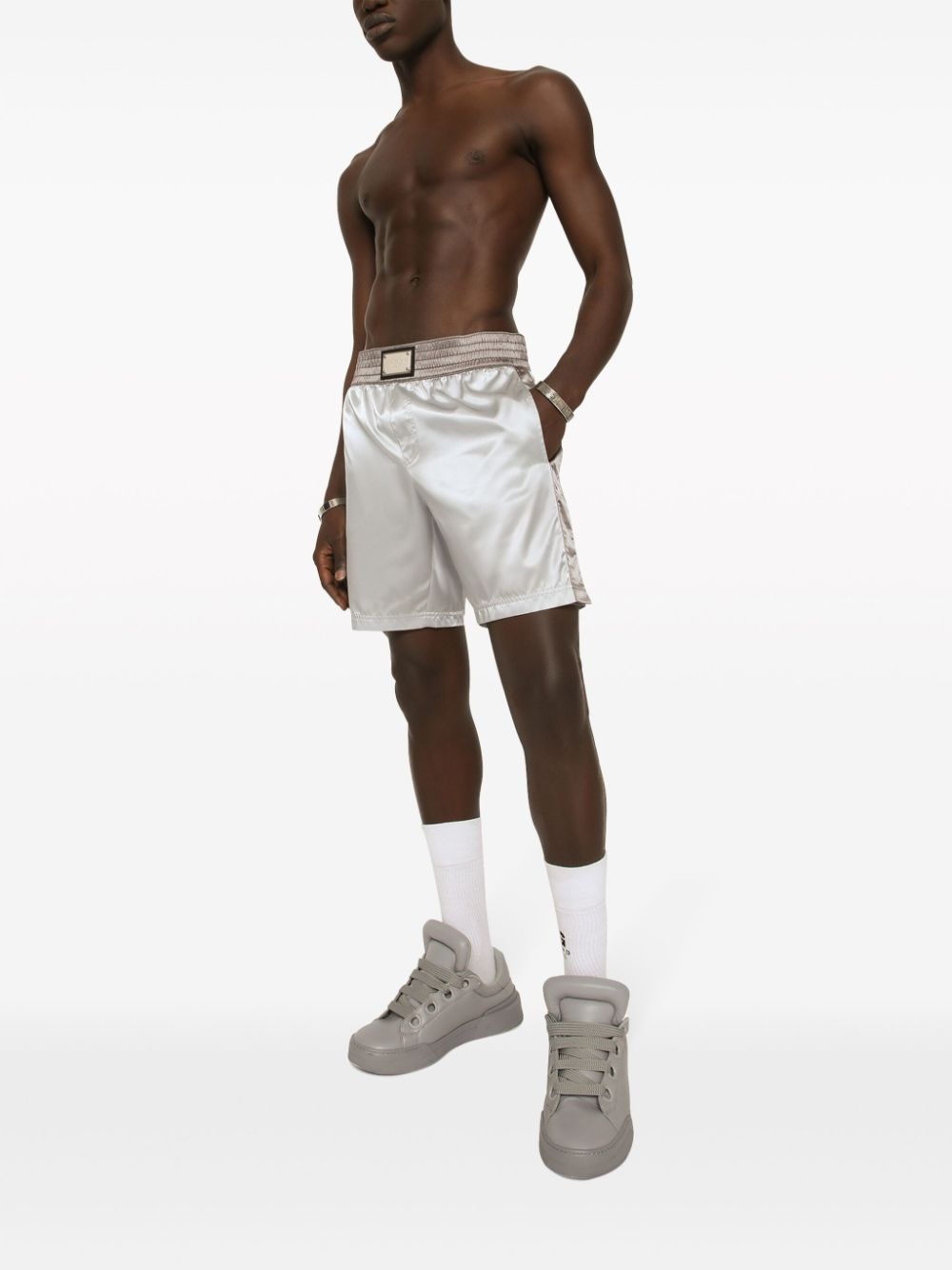 logo-plaque satin swim shorts - 3
