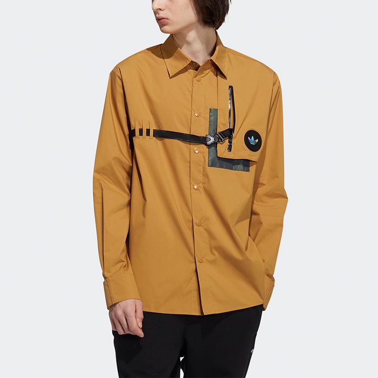 Men's adidas originals Prem Wvn Lshirt Lapel Chest Long Sleeves Wheat Brown Shirt H58072 - 4
