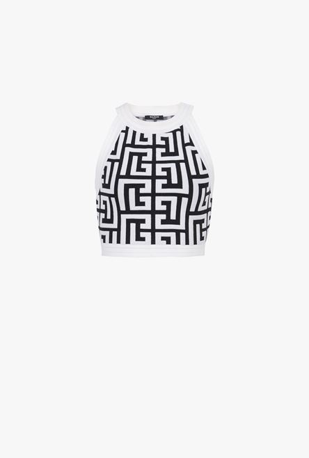 Black and white knit crop top with Balmain monogram - 1