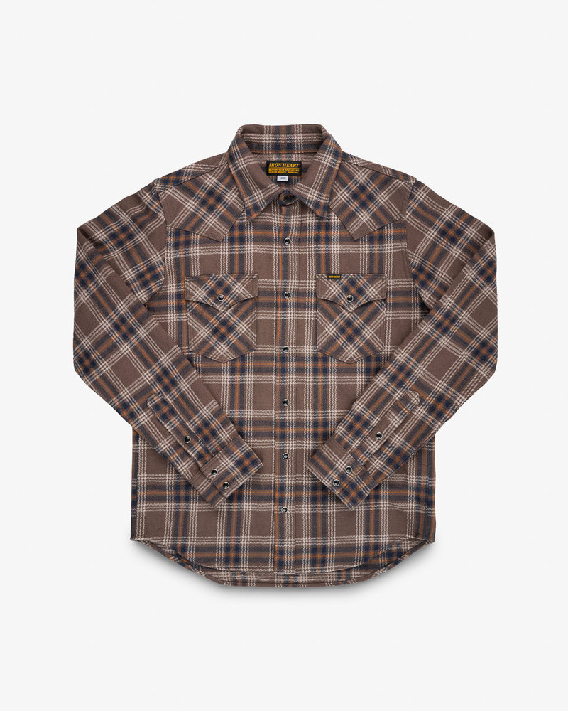 SLUBBY HEAVY FLANNEL CHECK WESTERN SHIRT - BROWN 1