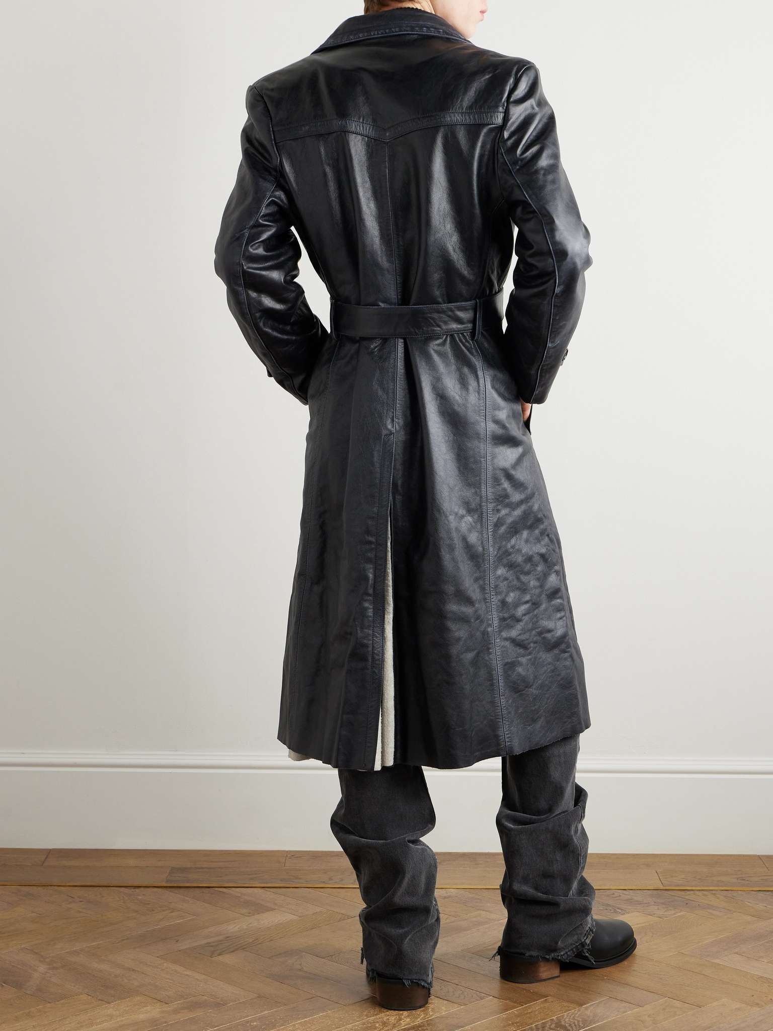 Belted Panelled Leather Trench Coat - 4