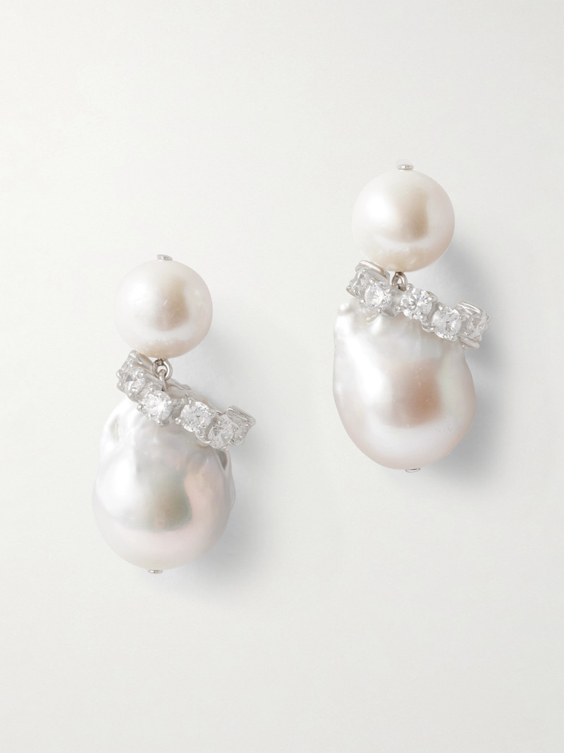 Rhodium-plated Recycled Silver Pearl And Crystal Earrings 1