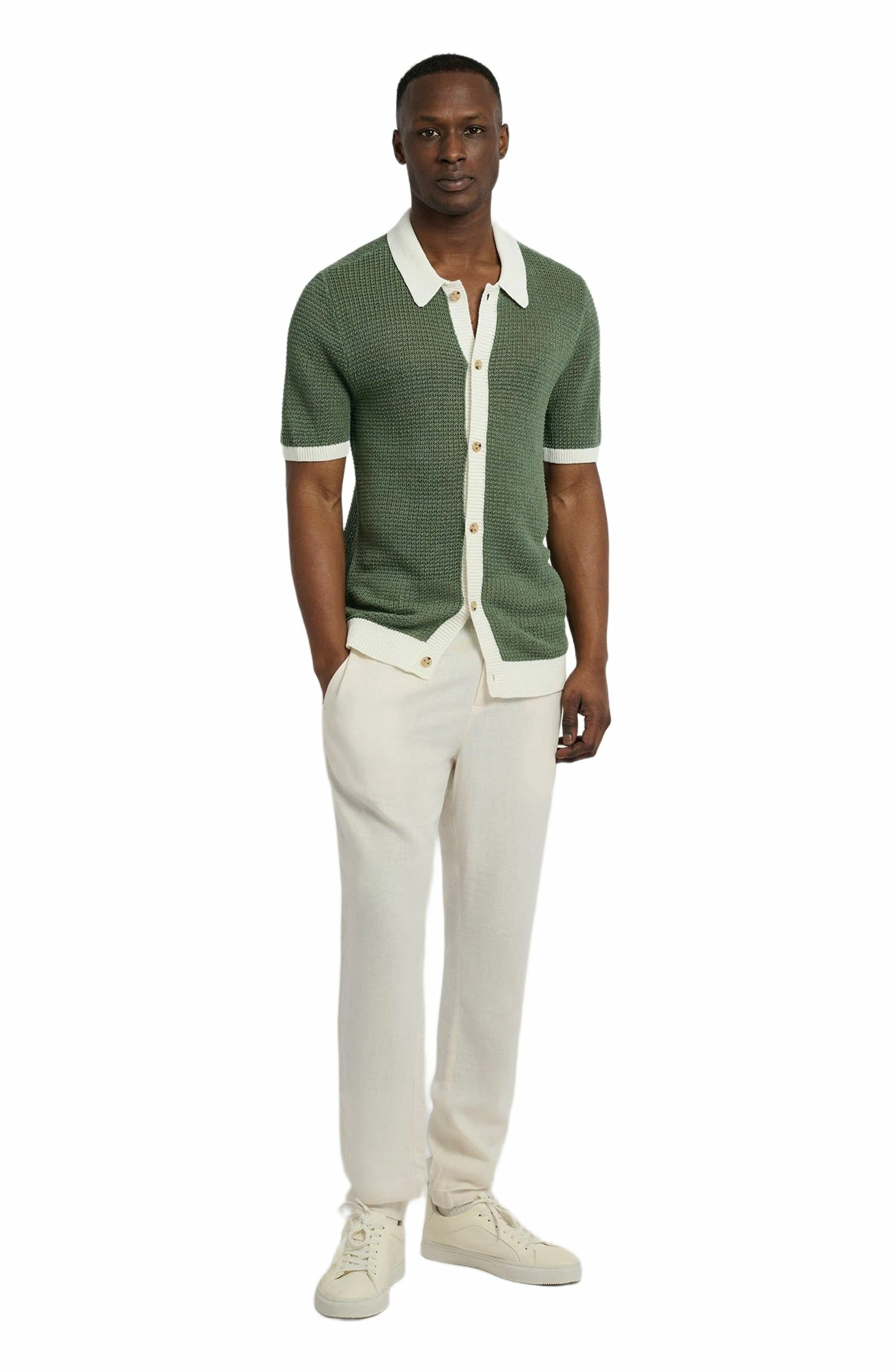 Onia Linen Short Sleeve Button Up Sweater in Seaspray/white at Nordstrom - 1