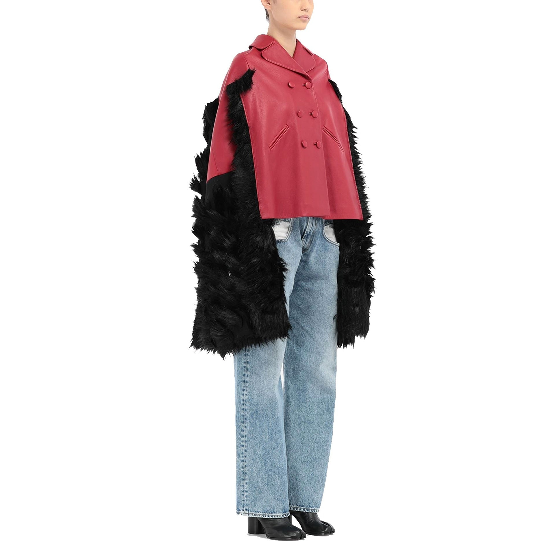Maison Margiela Faux Fur Trimmed Leather Cape Jacket Women - 3