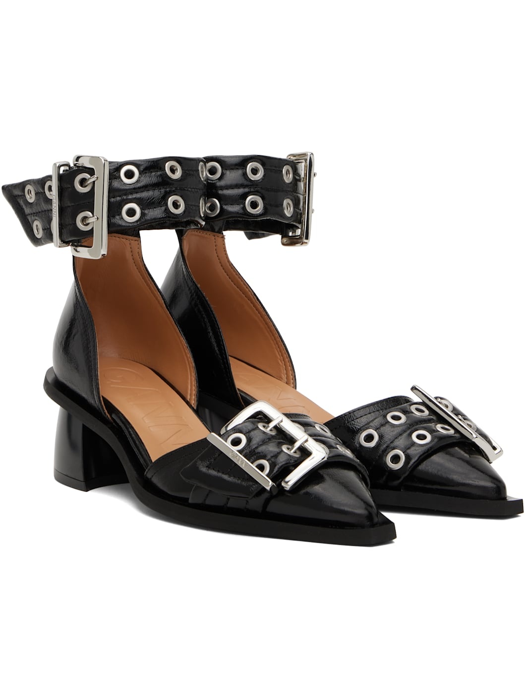 Black Feminine Buckle Open Cut Heels - 4