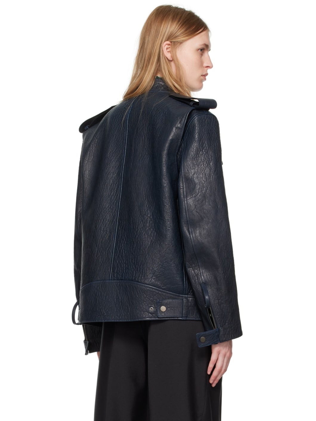 Navy Zip Leather Jacket - 3