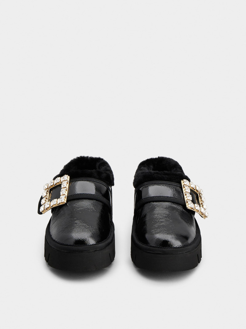 Viv' Winter Fur Strass Buckle Slippers in Patent Leather 6
