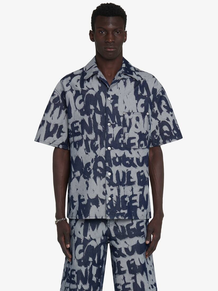 Men's McQueen Graffiti Hawaiian Denim Shirt in Indigo - 1