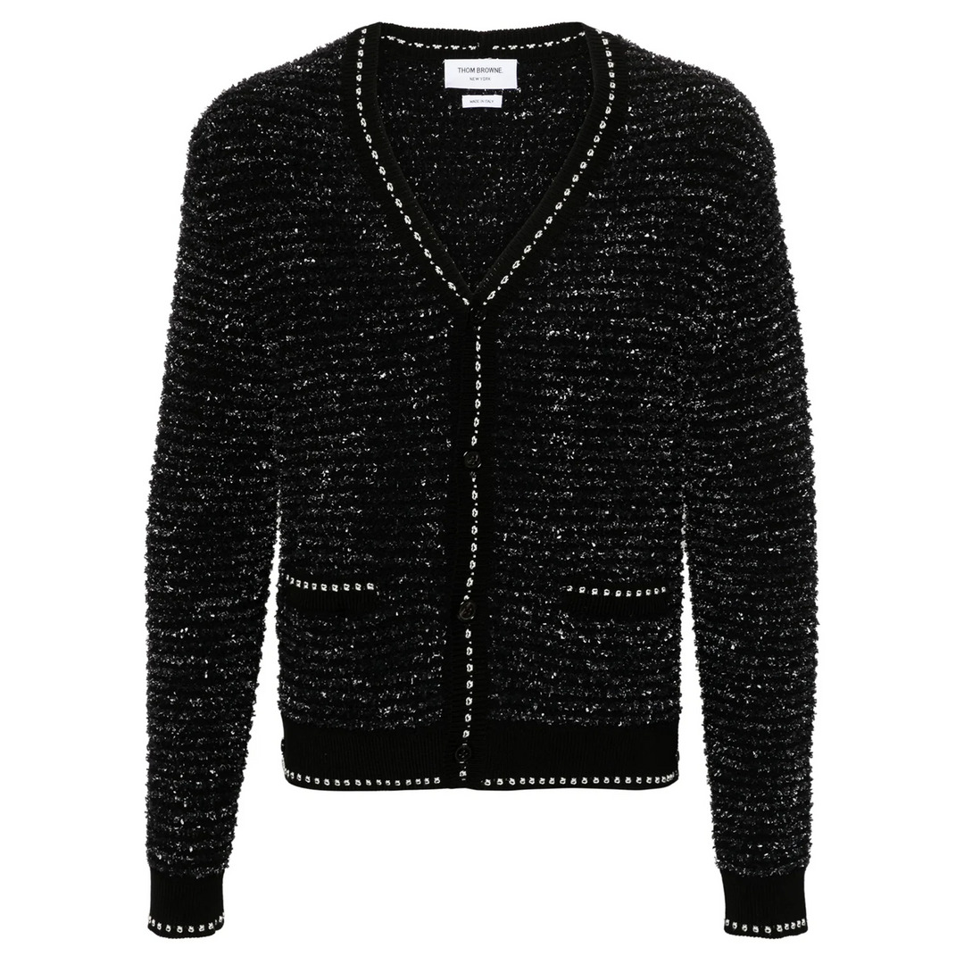 Eyelash Tweed Jacquard V Neck Cardigan - 1