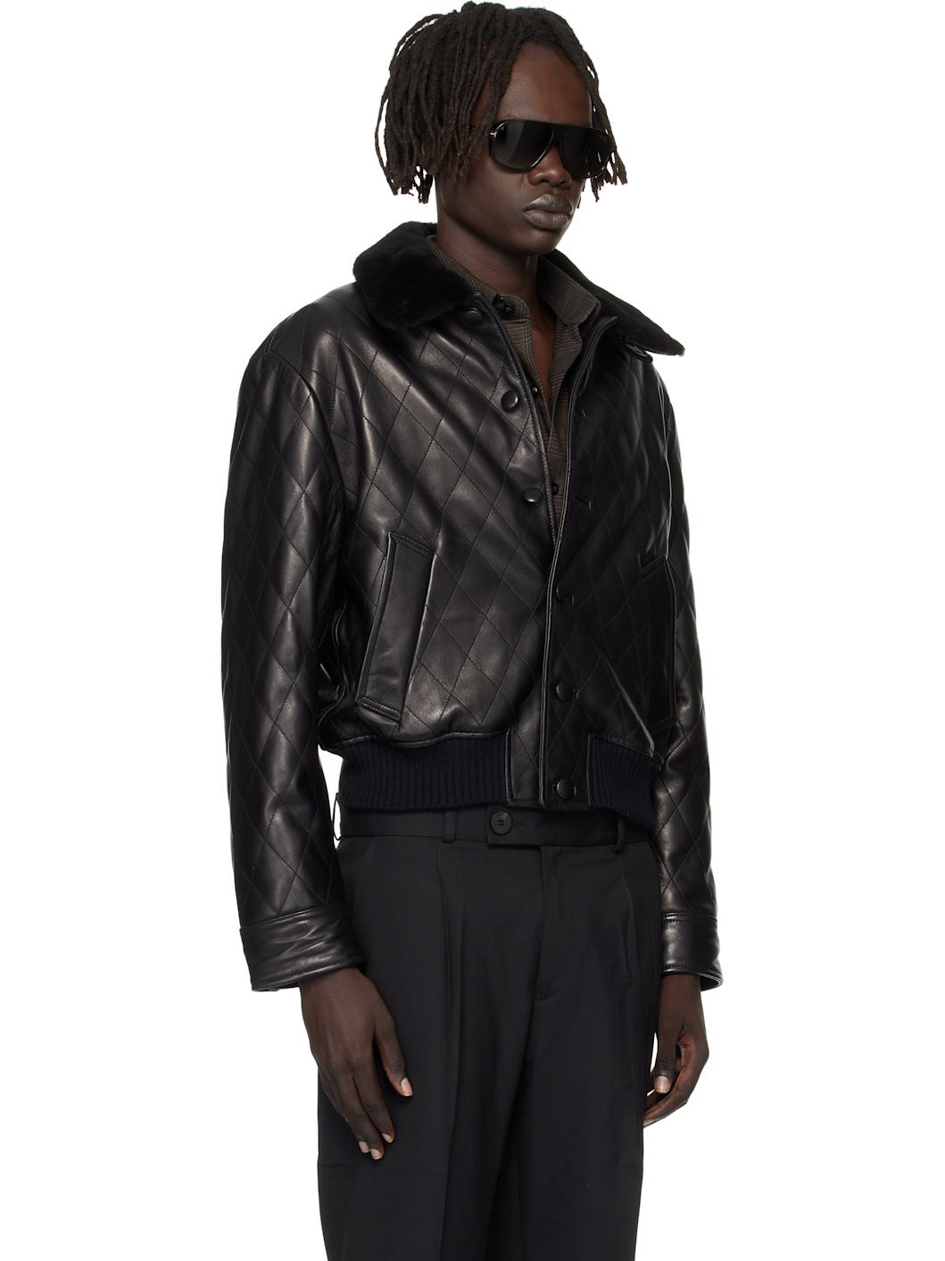 Black Quilted Leather Bomber Jacket - 2