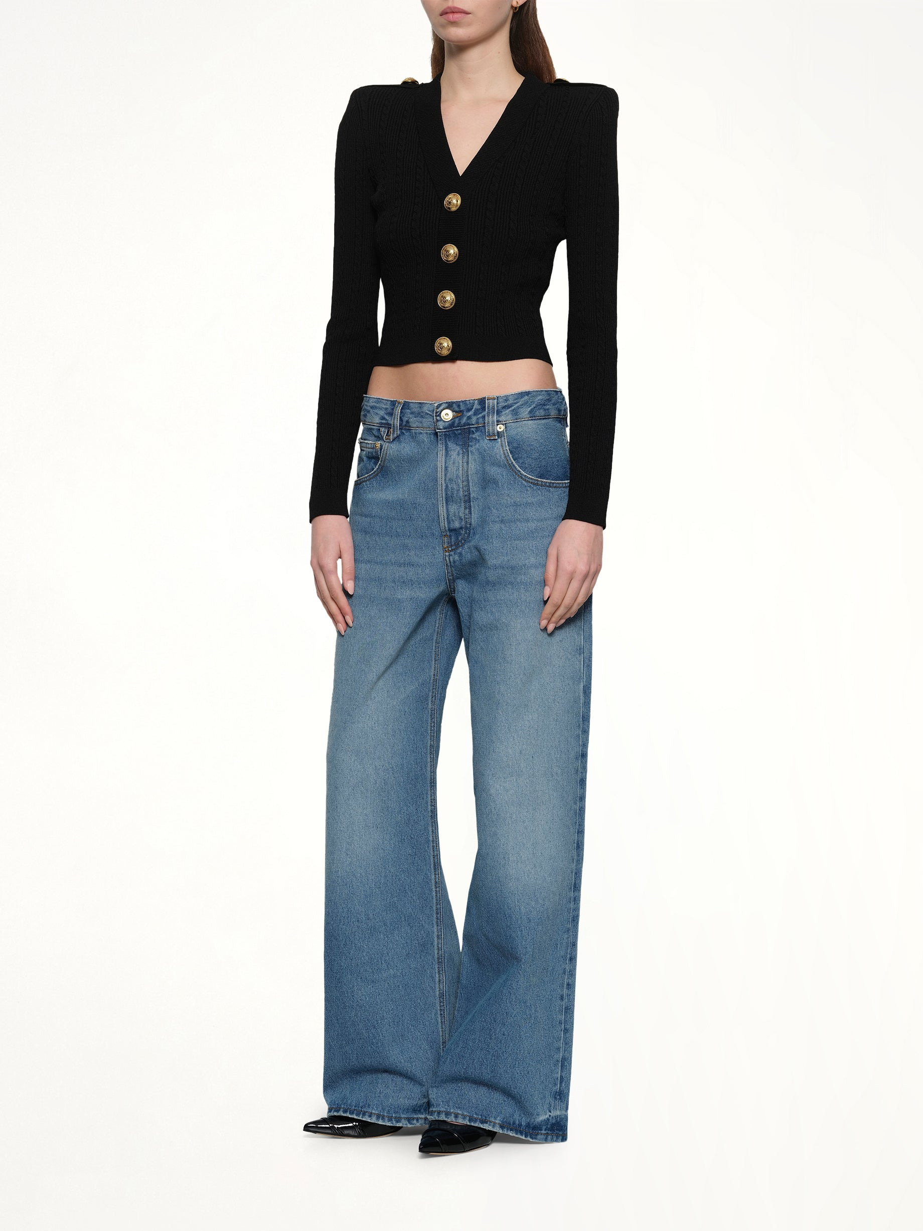 LS Buttoned V-Neck Torsade Knit Cardigan in Black - 4