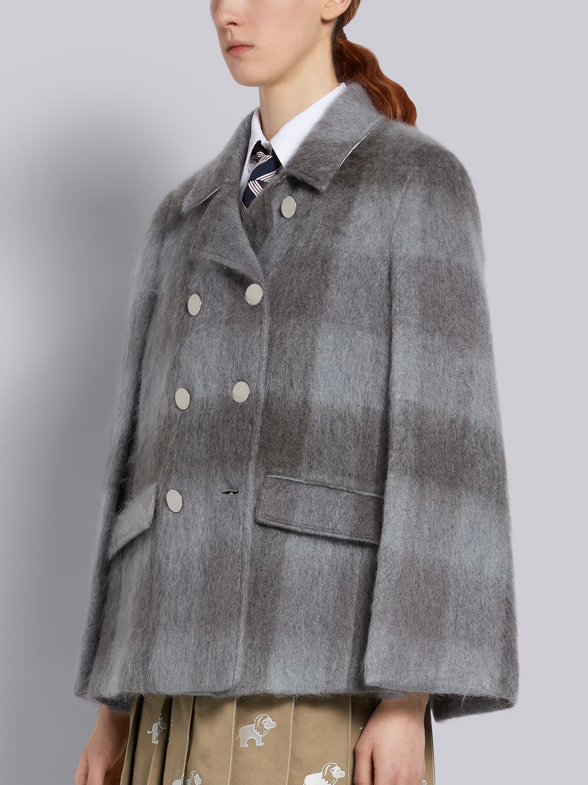 Medium Grey Hairy Mohair Buffalo Check Double Breasted High Break Cape - 2